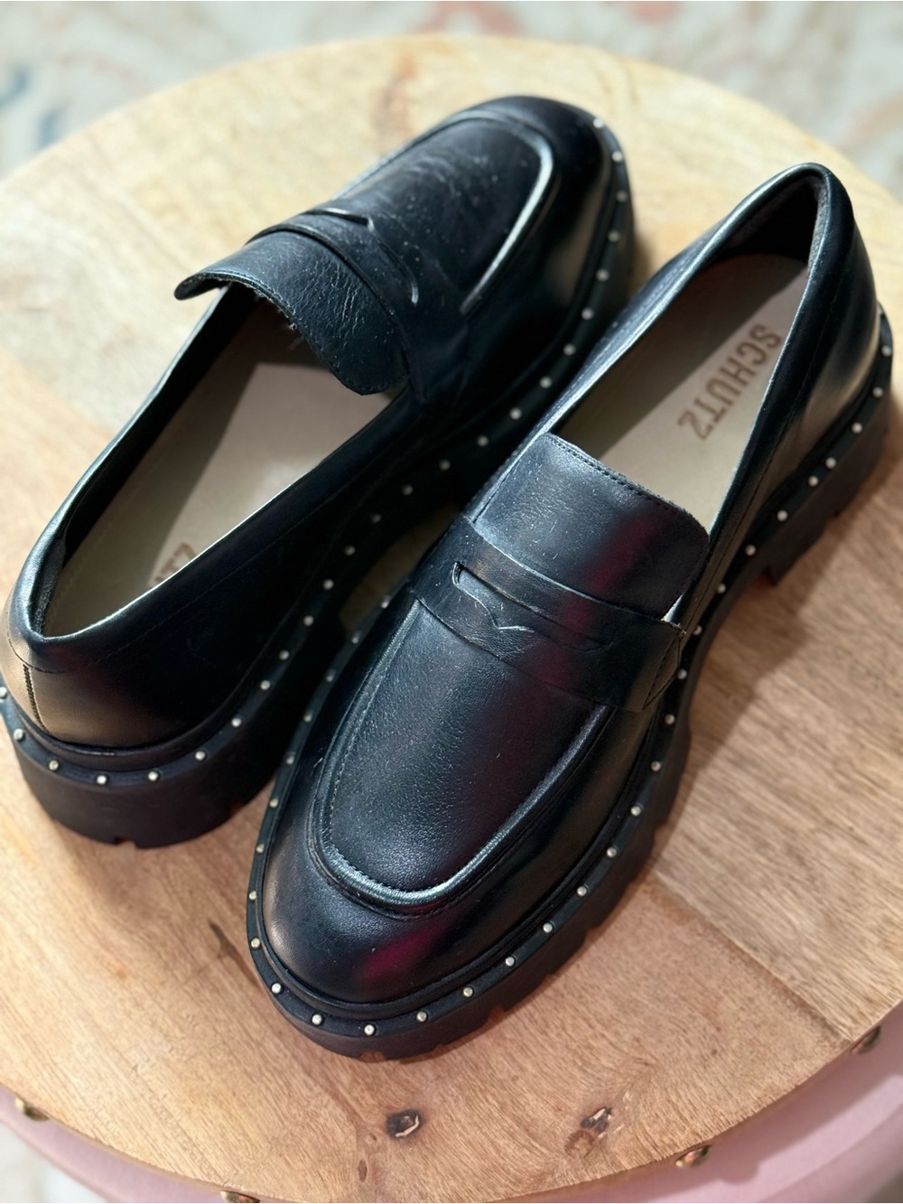 SCHUTZ Black Studded Platform Penny Loafers